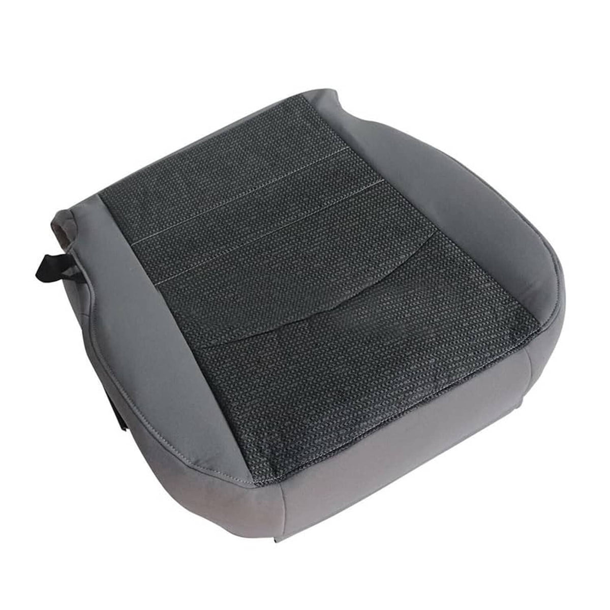 Gray cloth seat cover with textured square insert and curved lower border