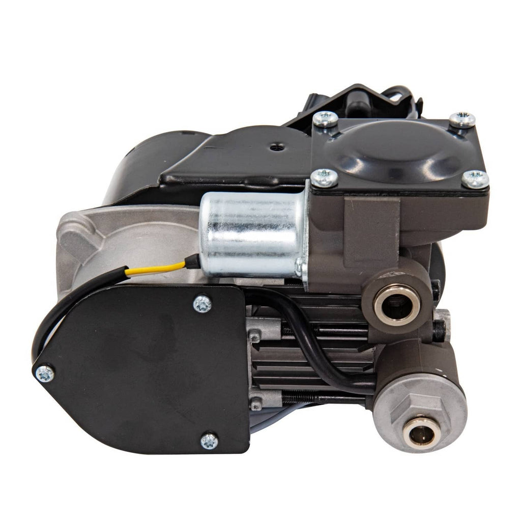 Air suspension compressor pump with black body, silver cylinder, and mounting base