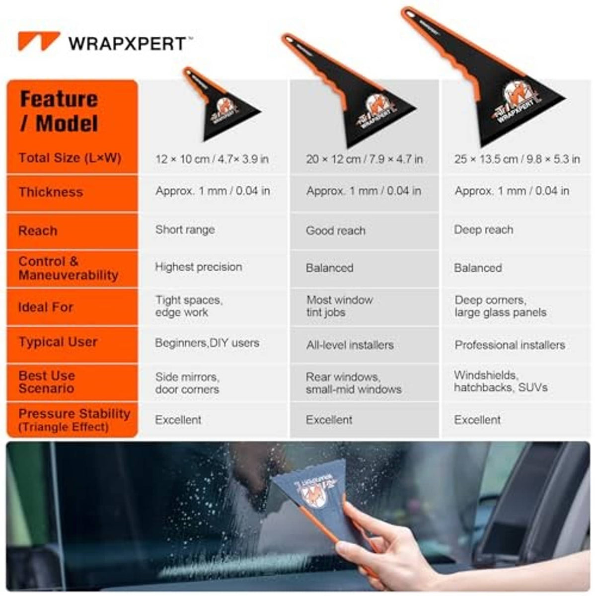 Three black-and-orange window tint squeegees, each with a long handle and triangular tip