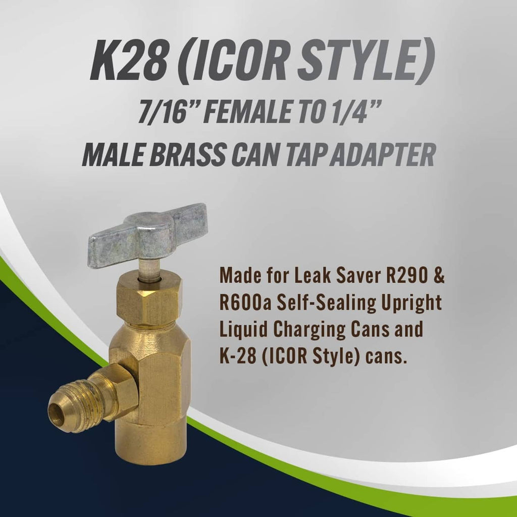 Angled brass K28 can tap adapter with T-handle shutoff valve, 7/16 female to 1/4 male