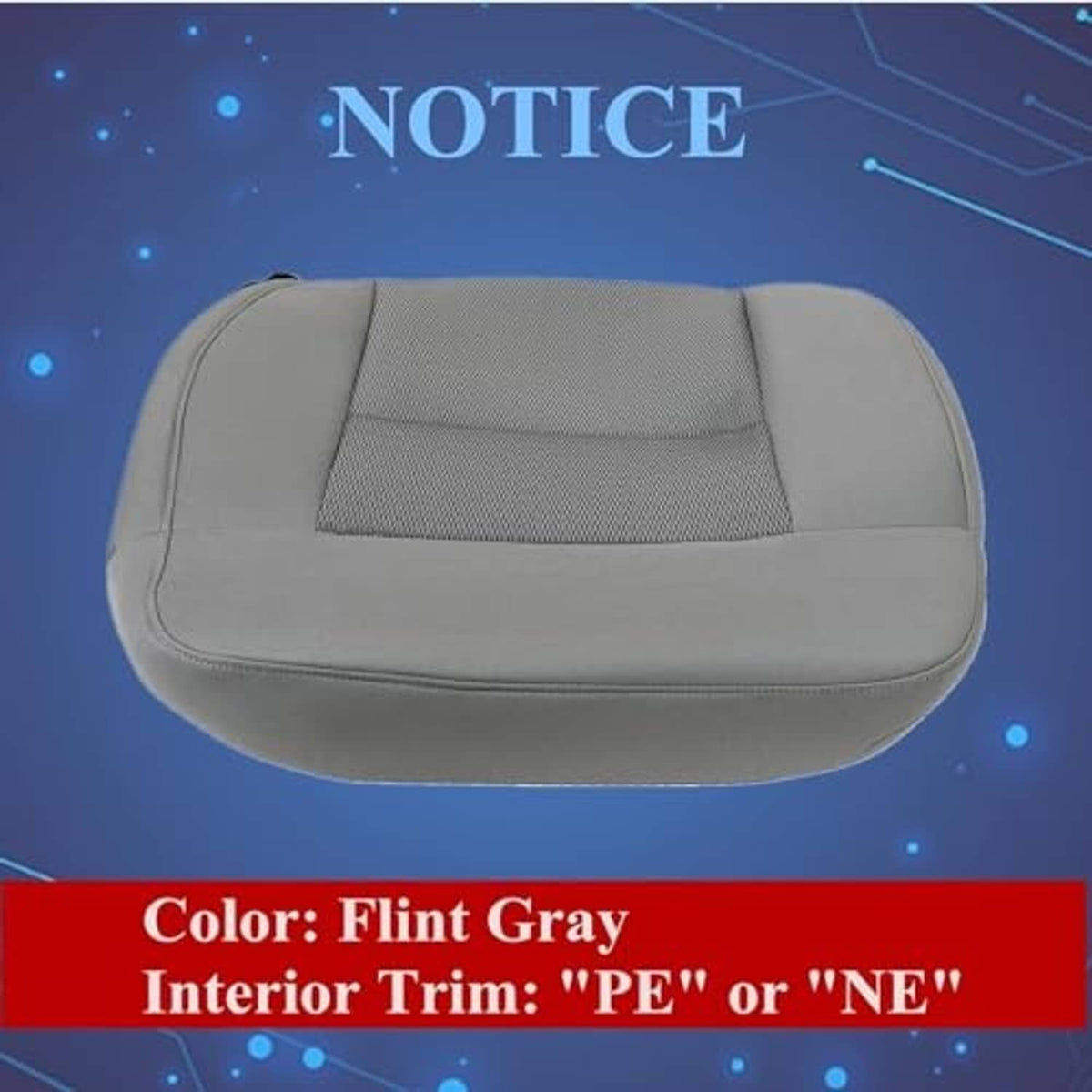 Flint gray cloth seat bottom cover with stitched seams, top view