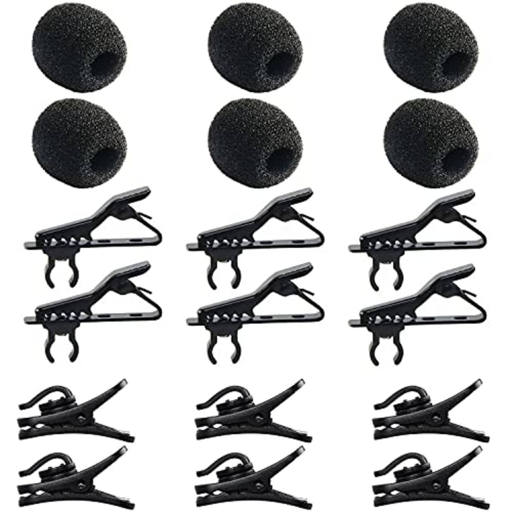 Black lavalier mic clip kit with foam windscreens and mic clips