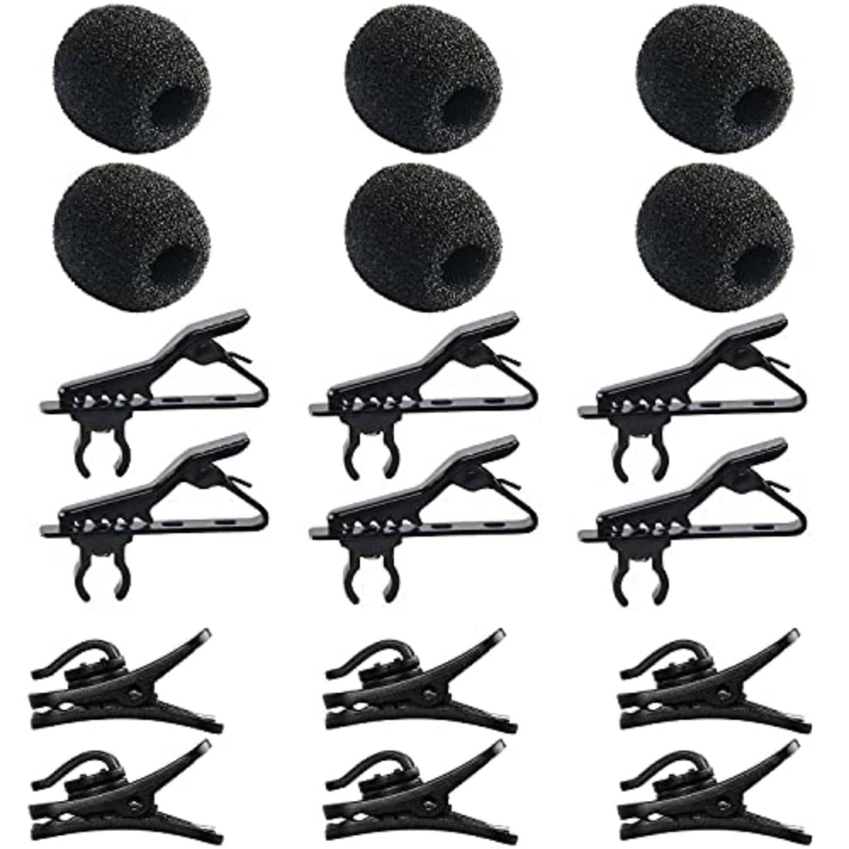Black lavalier mic clip kit with foam windscreens and mic clips