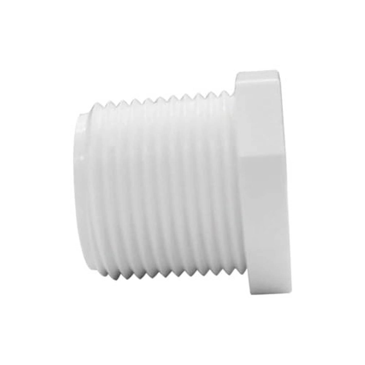 White PVC male threaded plug showing angled ribbed threads and hex end