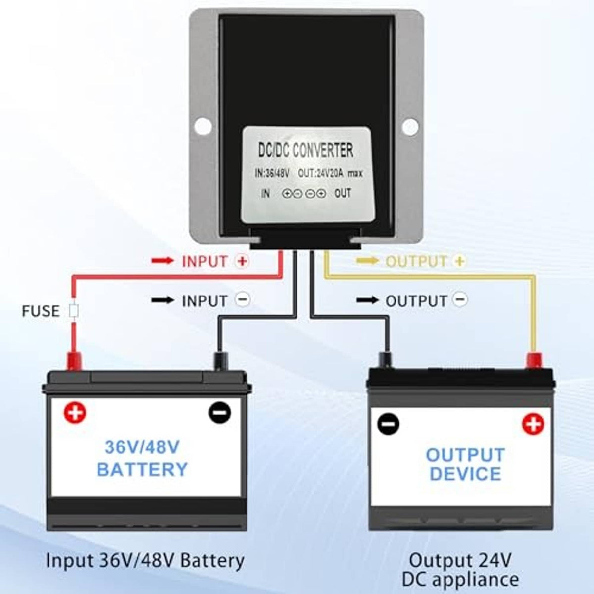 DC/DC converter module diagram with input/output wiring and terminal connections