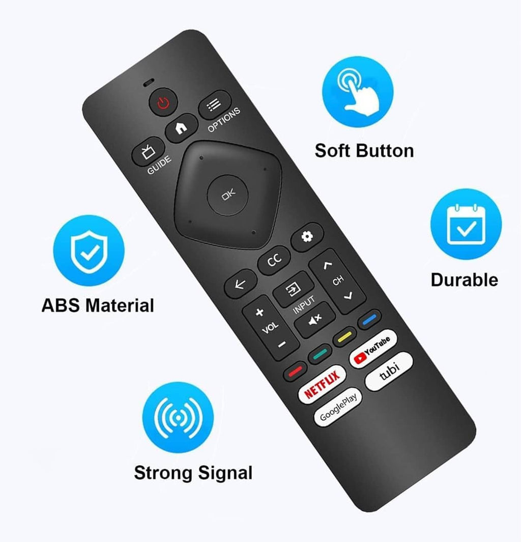 Black TV remote control with soft-touch buttons, durable build, and strong signal