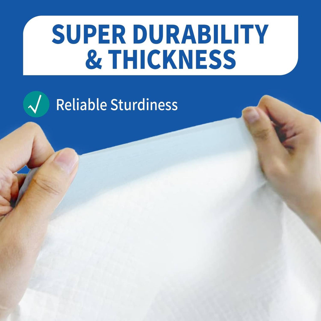 Dafi underpads absorbent sheet held up to show thickness and durability