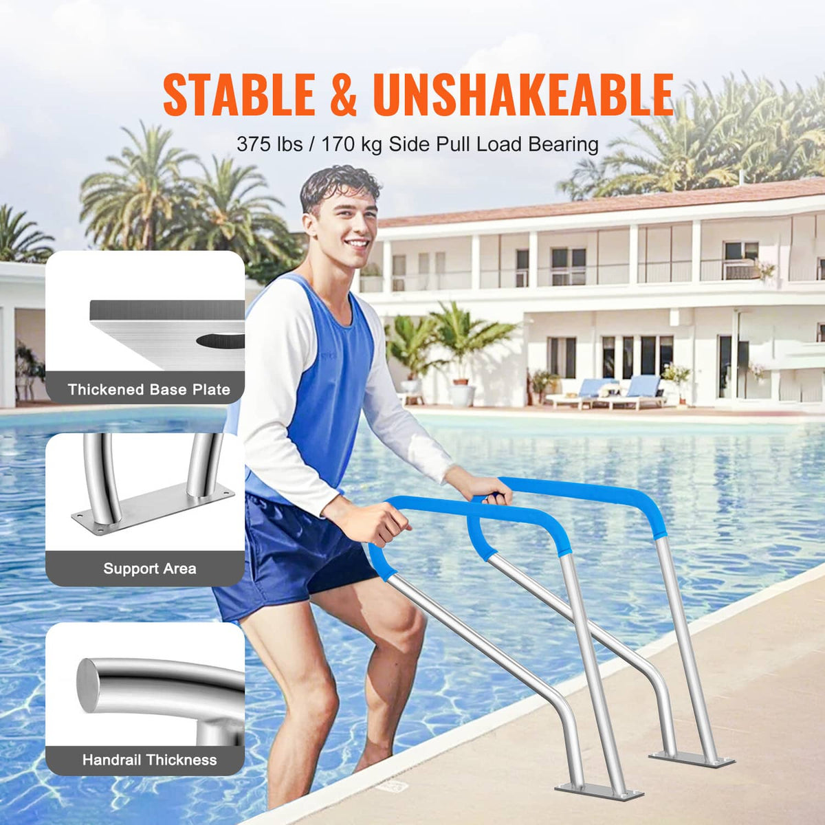 Stainless steel pool handrail with blue grip, thick base plate, and support arms