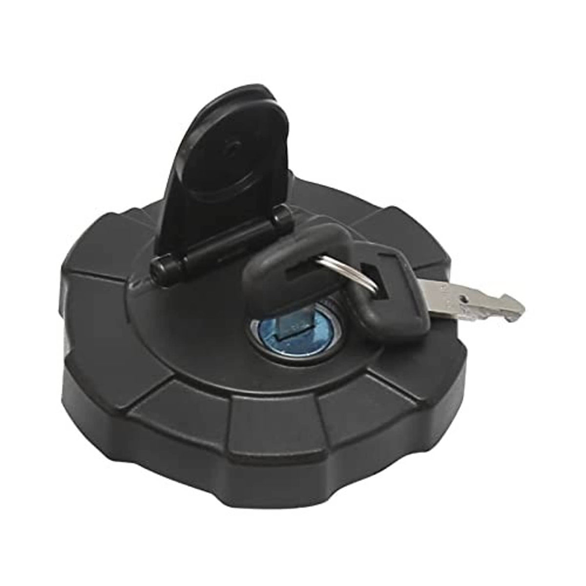 Black fuel tank cap with key inserted and blue lock insert