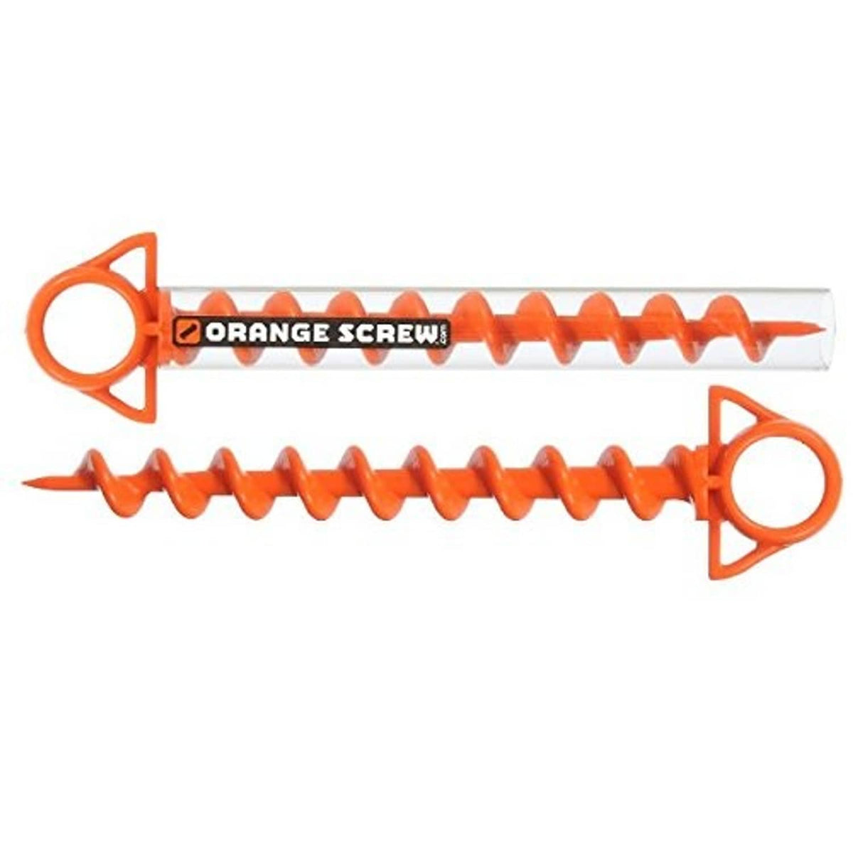 Orange ground anchor auger screws with loop handles, side view, 2-pack set