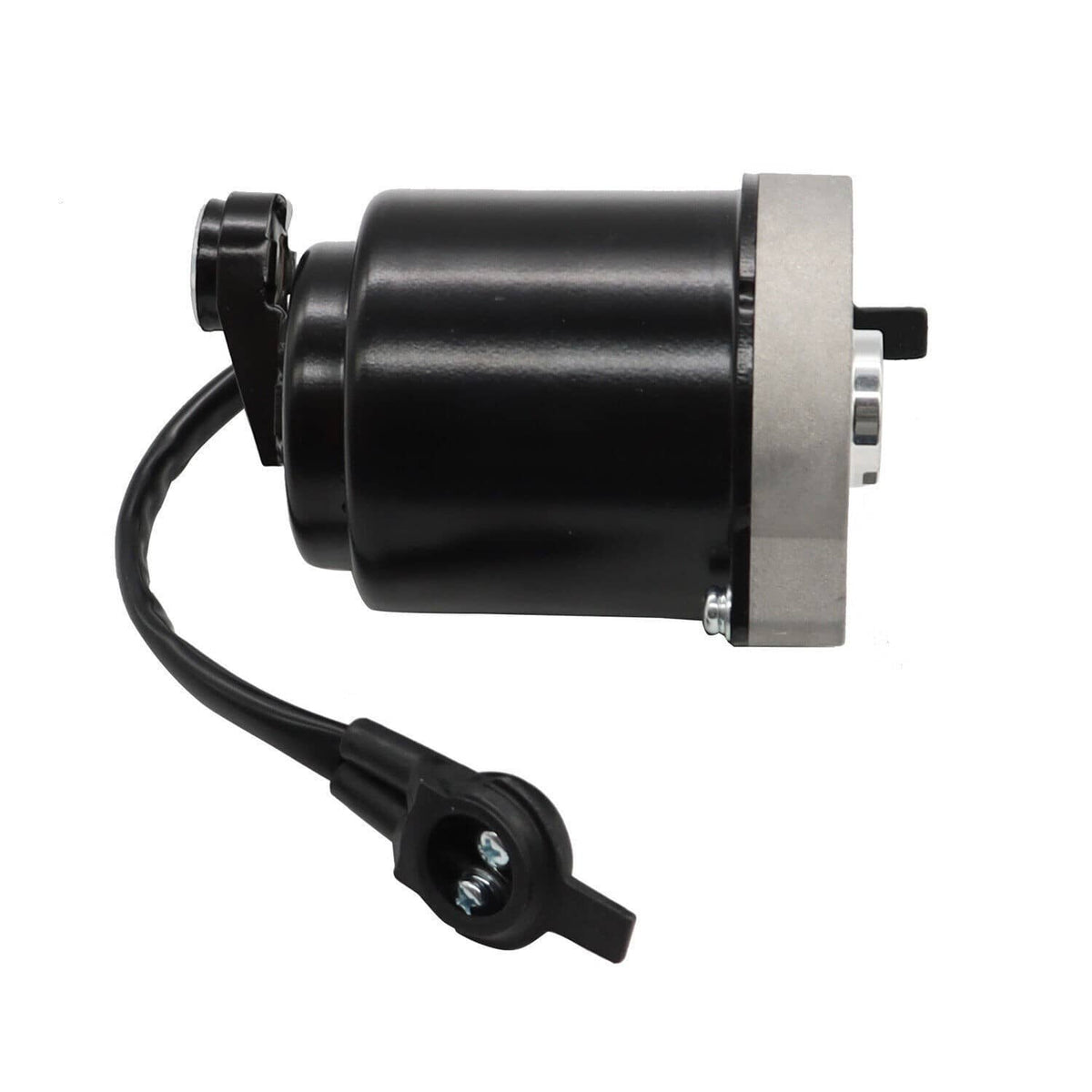 Brake booster pump motor with black cylinder, metal flange, and wiring