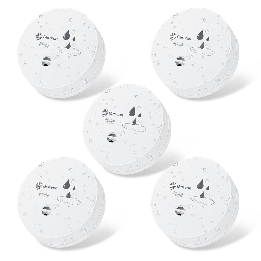 Geevon water leak alarm sensors, white round 5-pack, front view