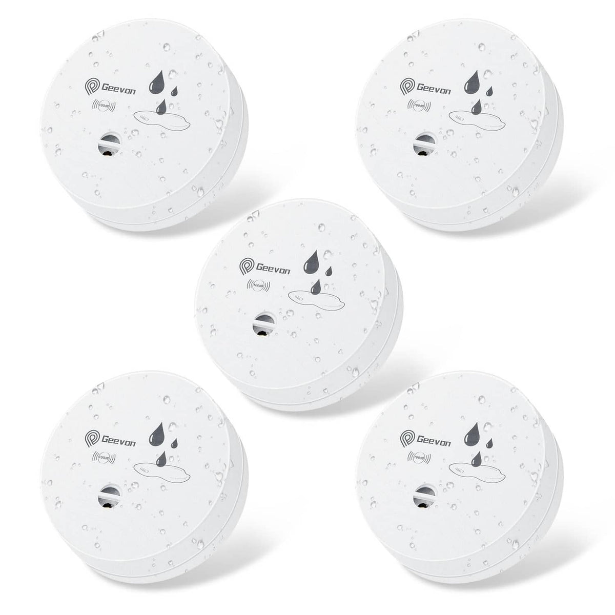 Geevon water leak alarm sensors, white round 5-pack, front view