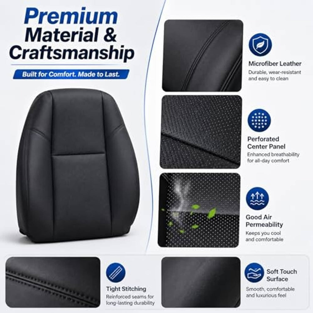 Black leather-look seat cover with visible stitching and smooth perforated center panel
