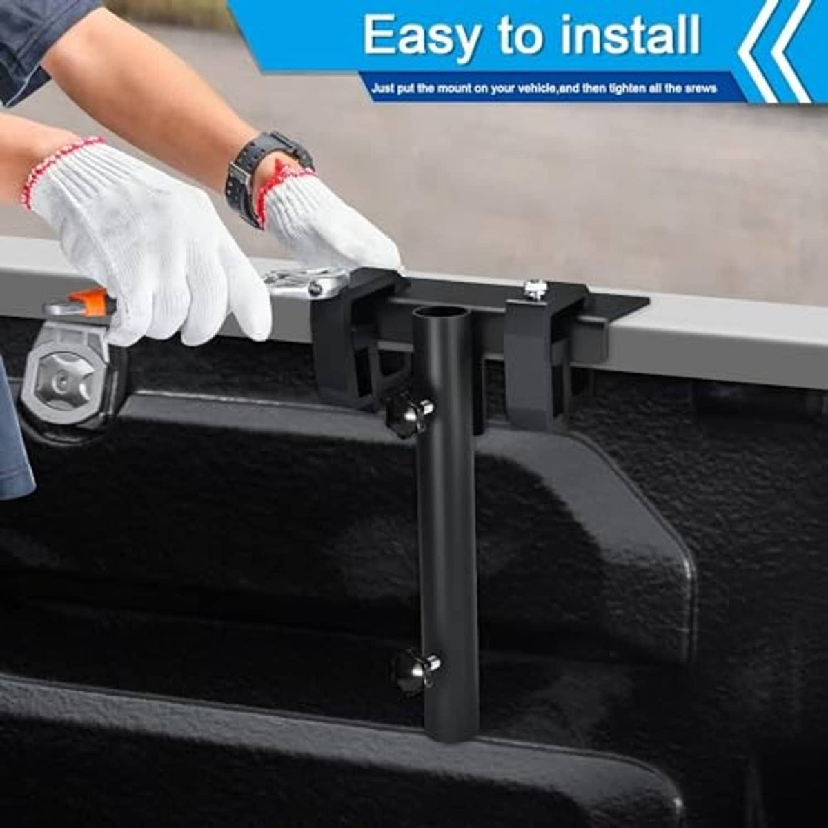 No-drill flag pole mount kit base clamp with tightening hardware on truck bed