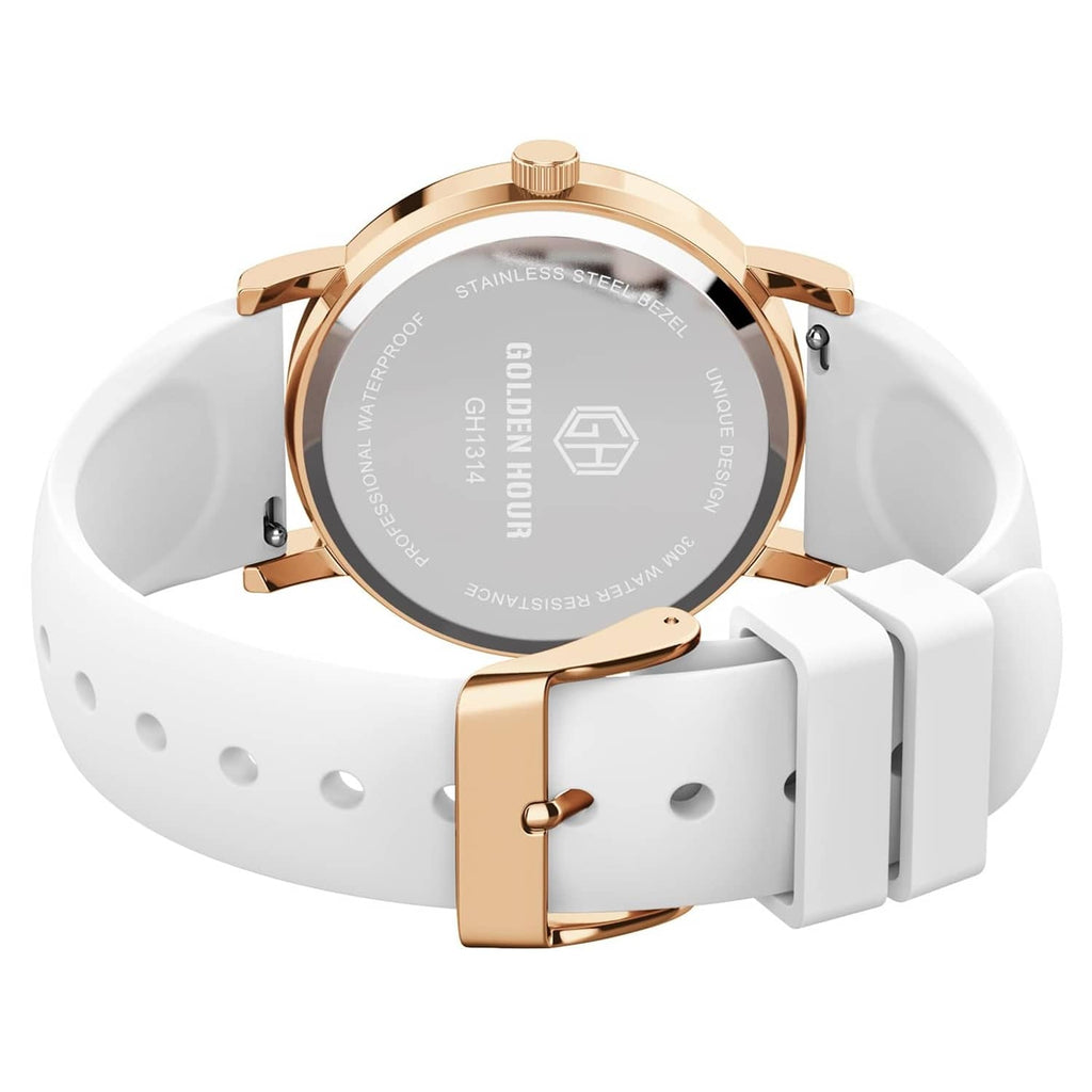 Rose gold stainless-steel nurse watch back on white silicone strap
