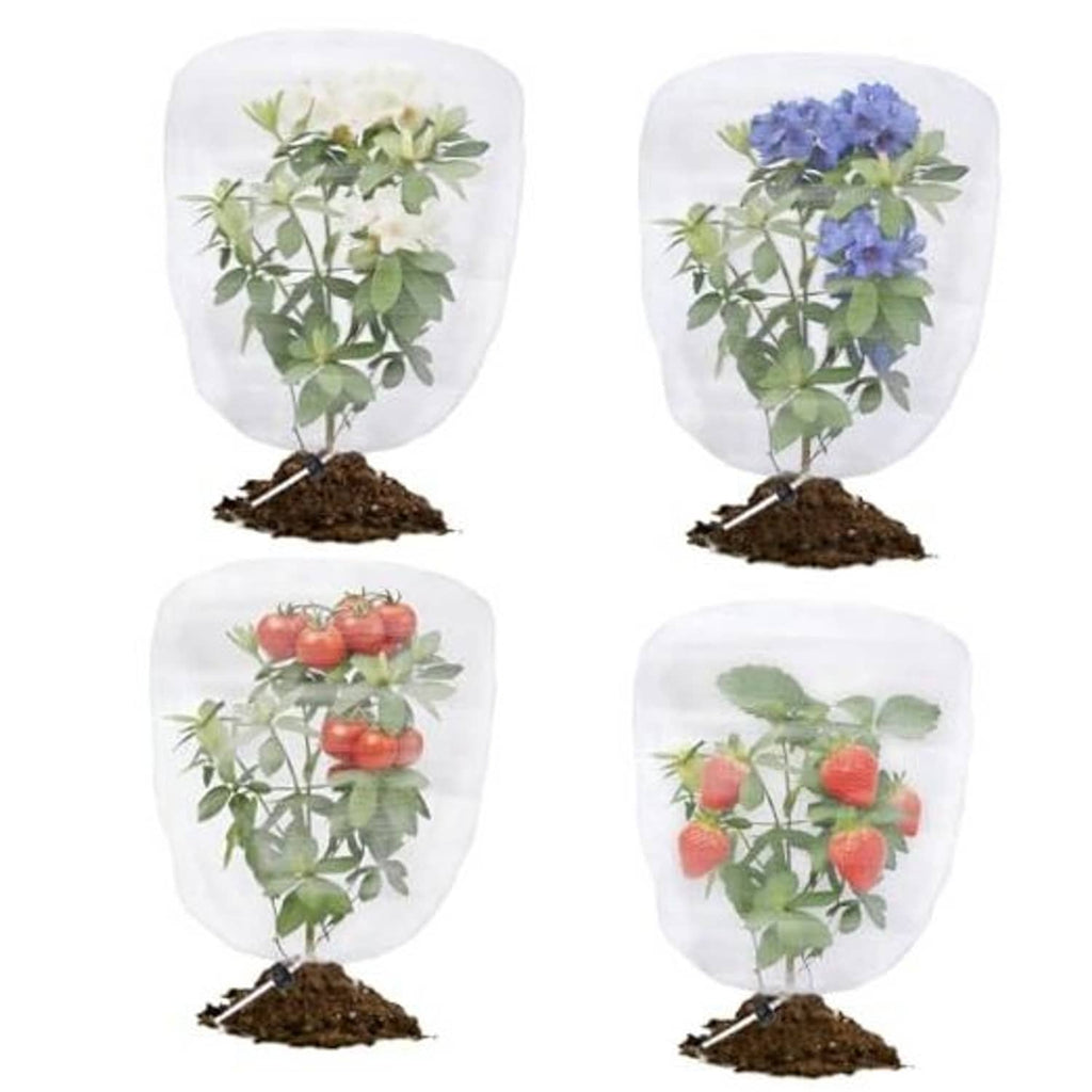Set of four clear white drawstring garden netting covers for plants, each with plant inside