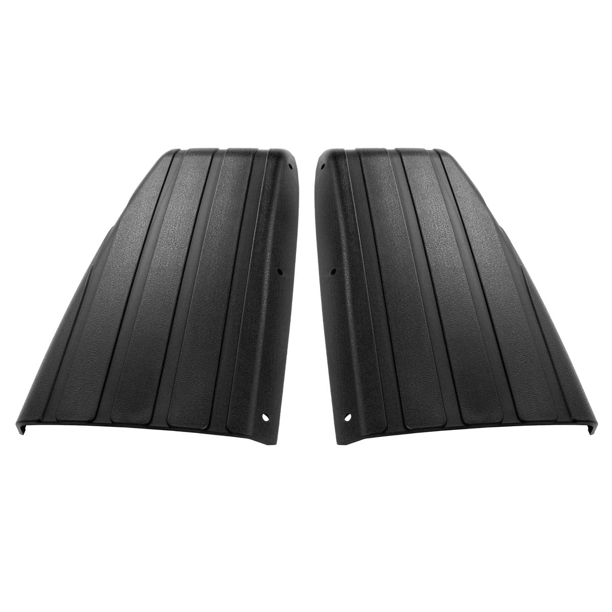 Two black ribbed scuff guards laid flat, showing curved edge and holes