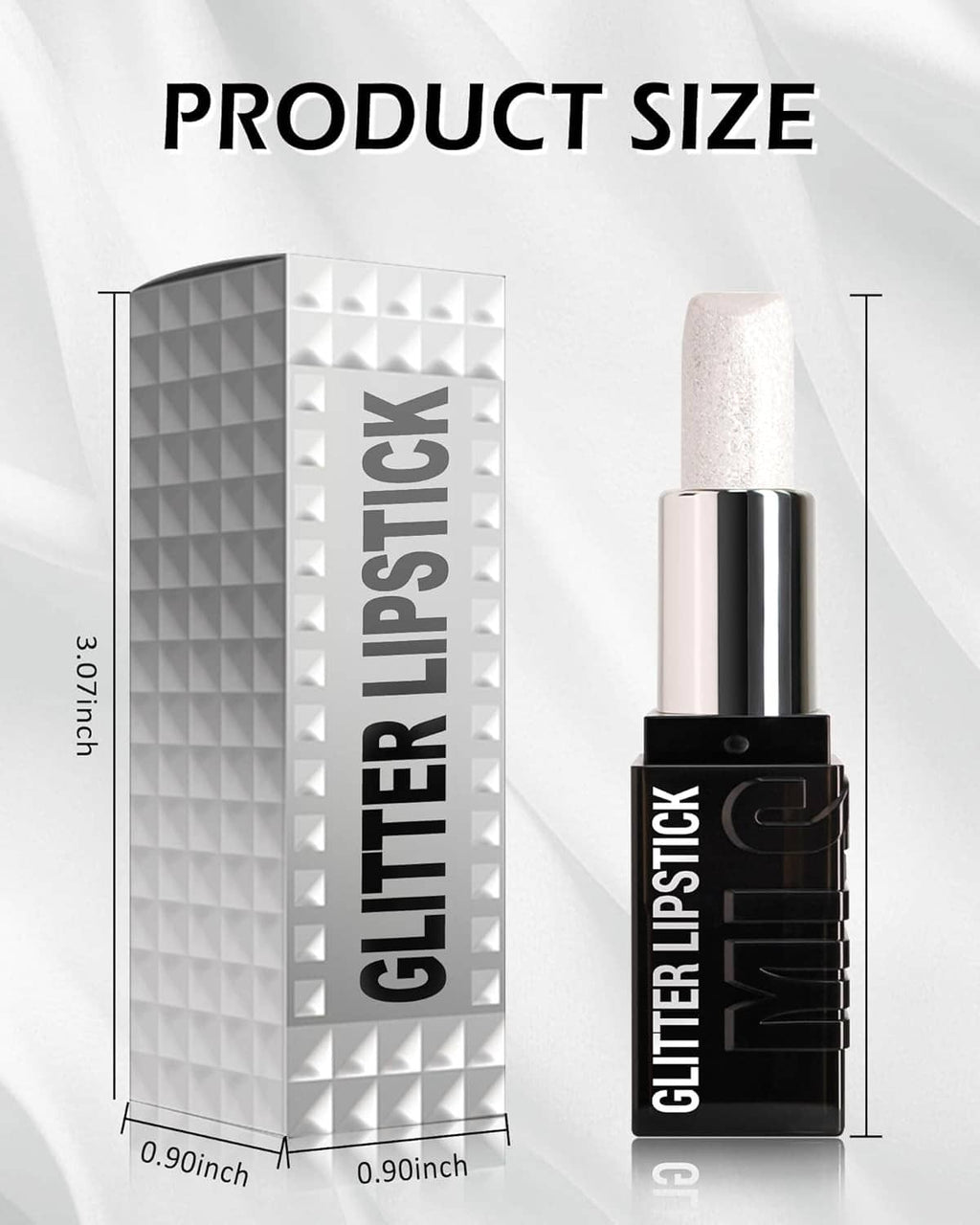 Glitter lipstick product size view with black tube and silver cap, dimension graphic