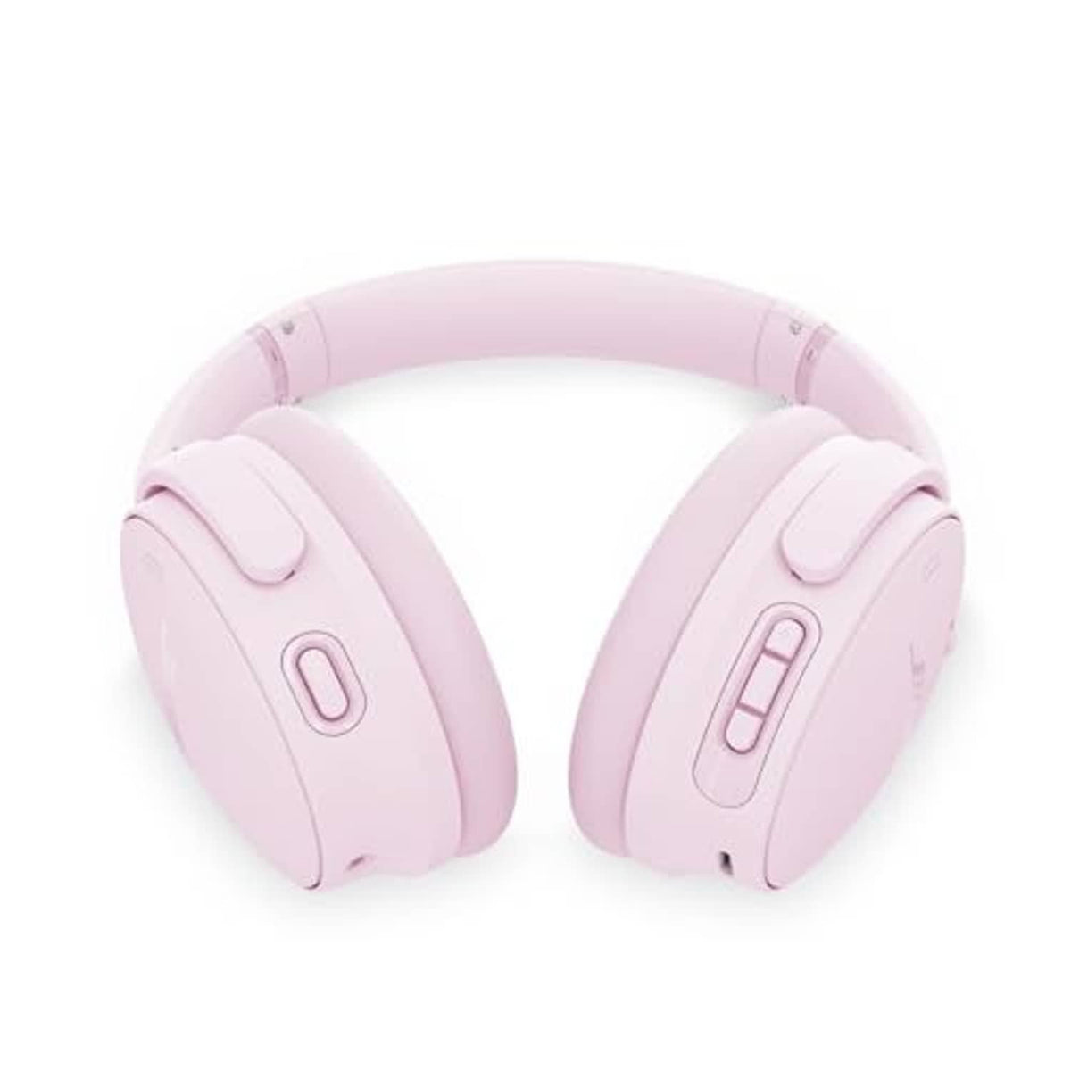 Pink wireless over-ear headphones, earcups and headband shown from front