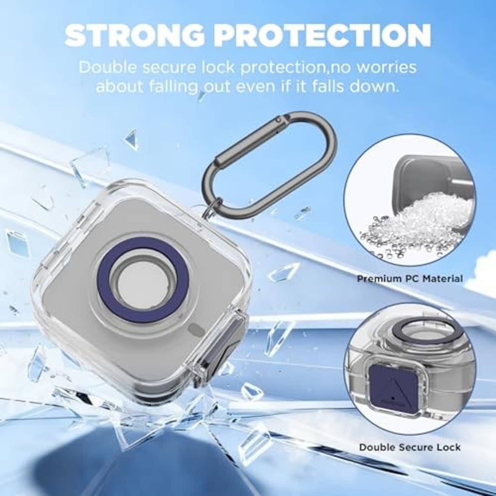Clear protective case for ring charger with gray base and blue double-lock tab