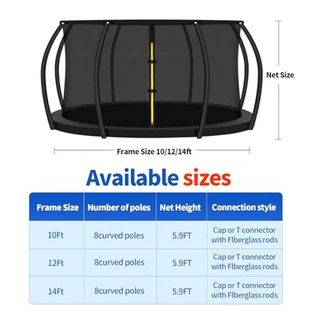 Black curved-pole trampoline enclosure top net, shown with yellow vertical connector strip