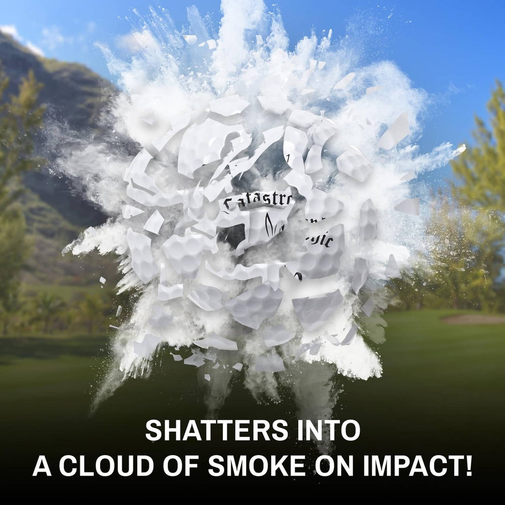 Golf prank ball shattering into a white smoke cloud on impact