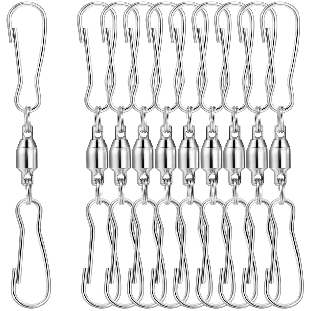 Set of 10 silver swivel hook clips with short chains and U-shaped ends