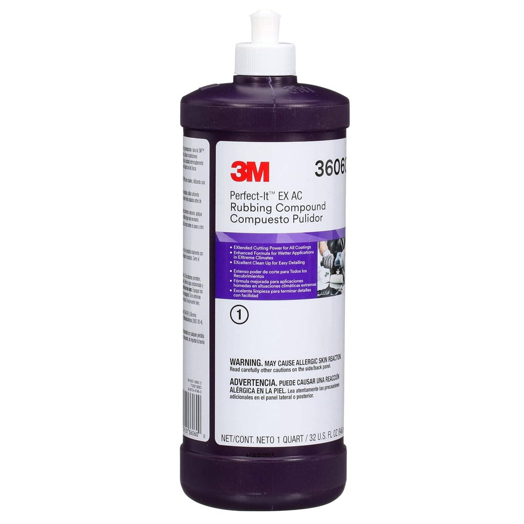 3M Perfect-It EX rubbing compound bottle, front label, purple cap and base