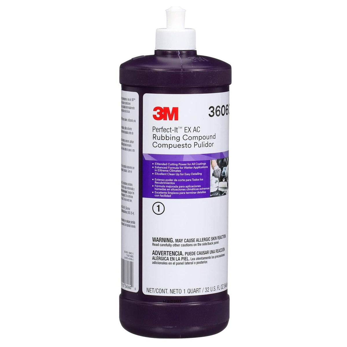3M Perfect-It EX rubbing compound bottle, front label, purple cap and base