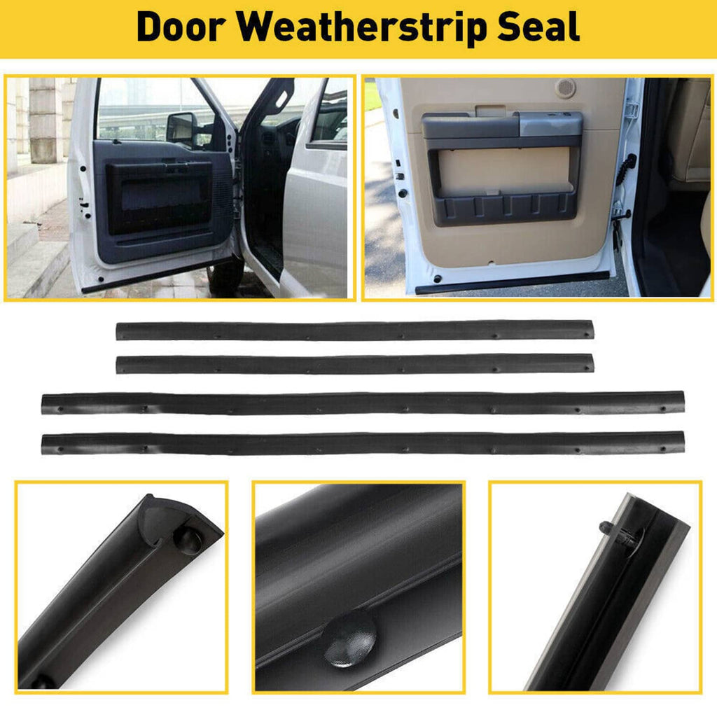 Black door weatherstrip seal strips with clips, shown laid out for fitment