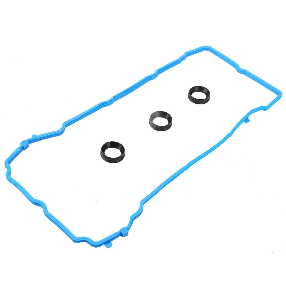 Blue valve cover gasket with four black sealing rings on a single panel.