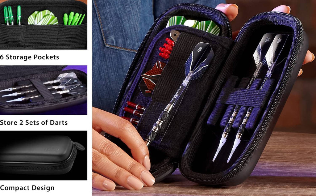 Open black dart case with blue trim and pockets holding multiple darts and tips.