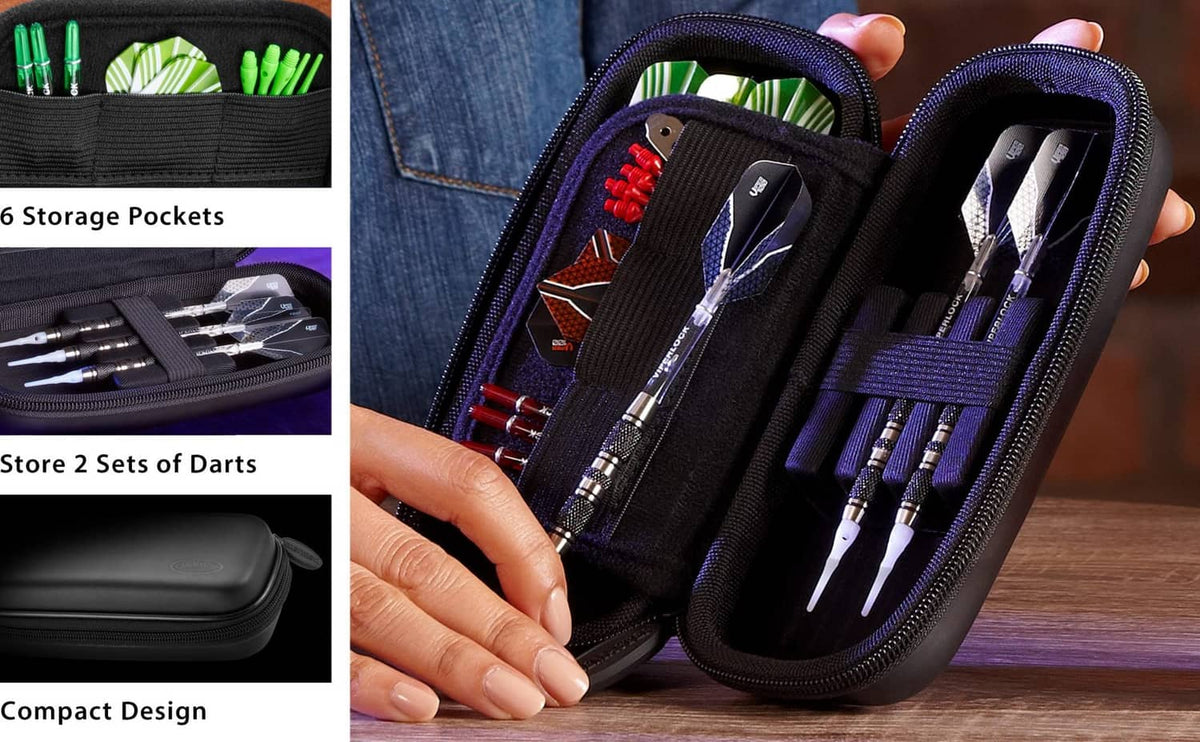 Open black dart case with blue trim and pockets holding multiple darts and tips.