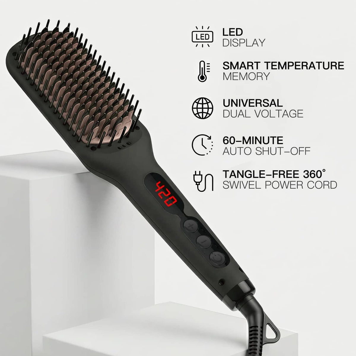Black heated styling brush with LED temperature display and swiveling power cord