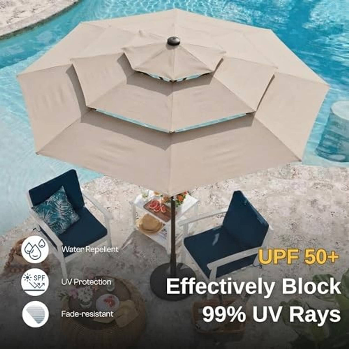 Beige 3-tier outdoor umbrella with UPF 50+ sun protection marketing overlay
