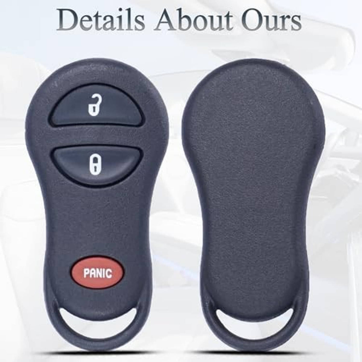 Dark blue key fob remote front and back halves with Lock, Unlock, and Panic buttons.