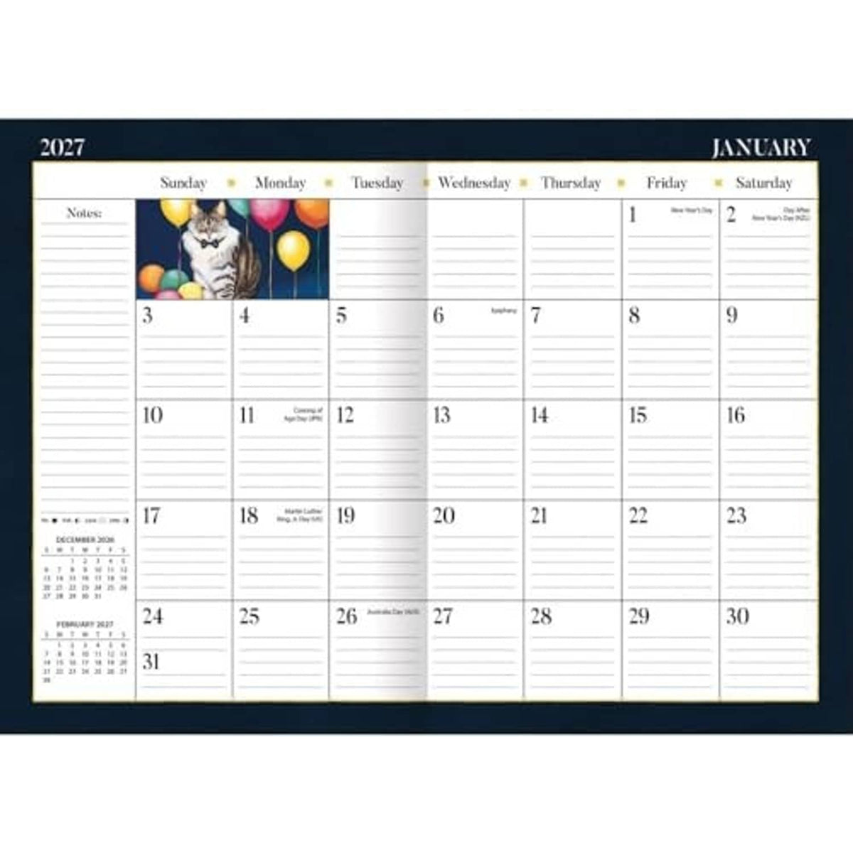 Monthly calendar spread for January on a Lang 13-month pocket planner page