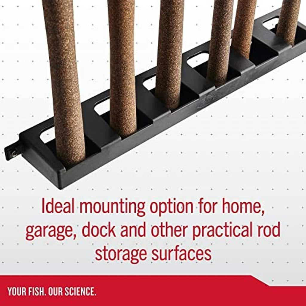 Black vertical fishing rod storage rack with six angled holder slots and base