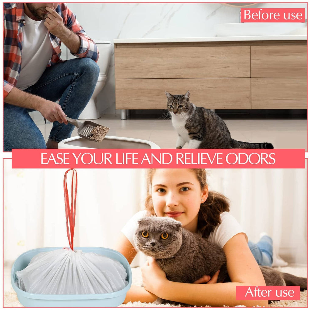 White sifting litter liner bag with red drawstrings over a cat litter tray