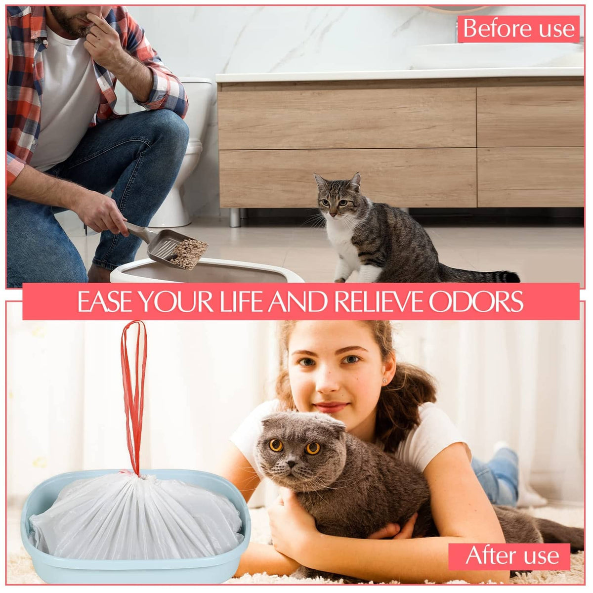 White sifting litter liner bag with red drawstrings over a cat litter tray