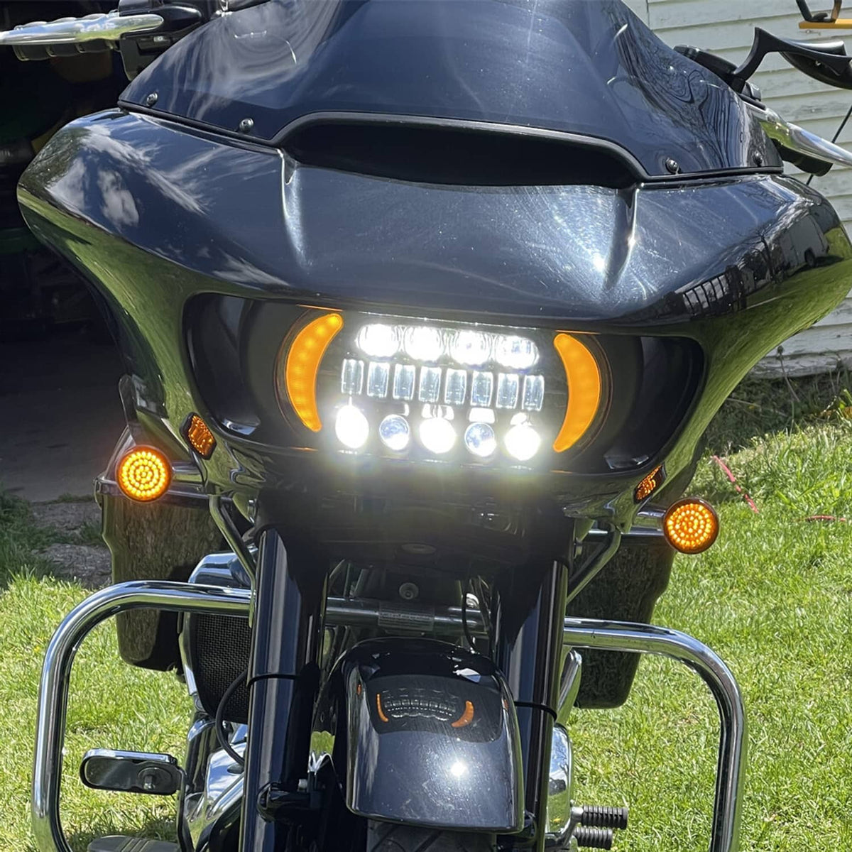 Motorcycle LED headlight with white DRL and amber turn-signal ring lights