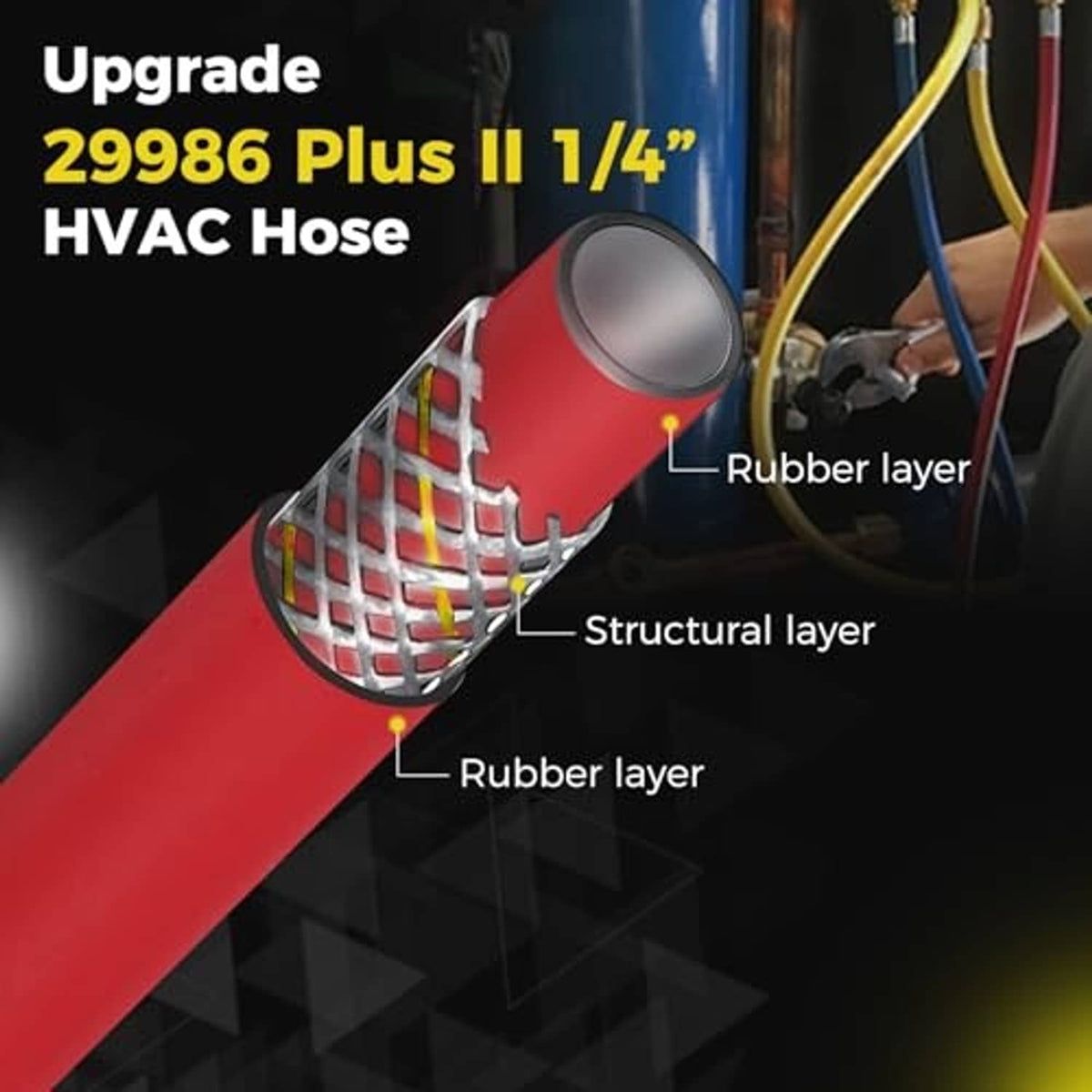 1/4" HVAC hose cross-section diagram with rubber layers and reinforced structural layer