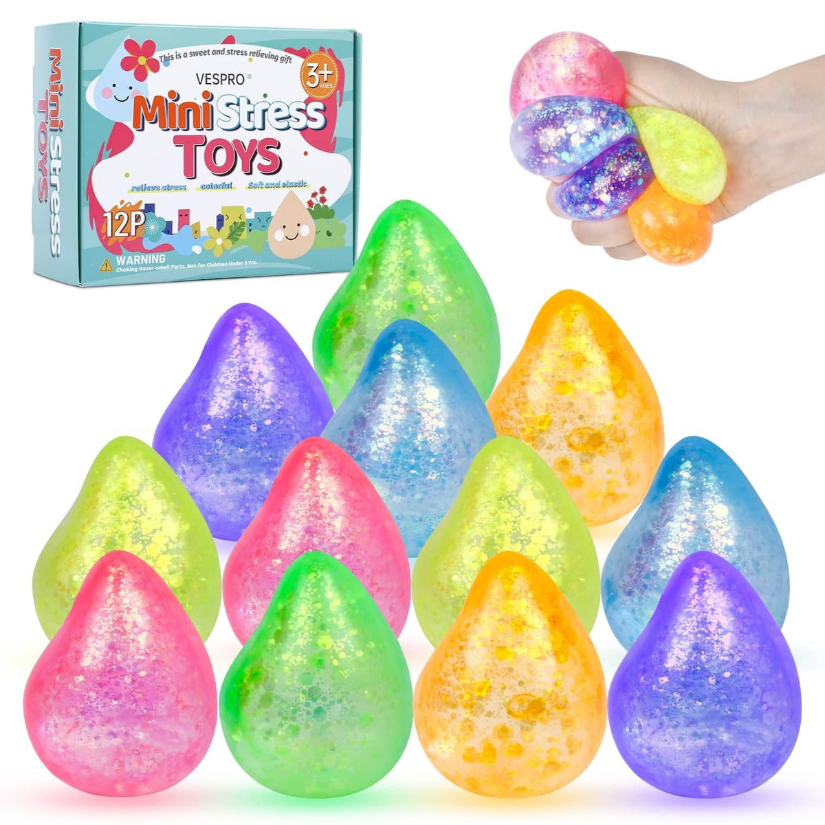 12 colorful glitter water-droplet squishy stress balls with mini stress toy box packaging.