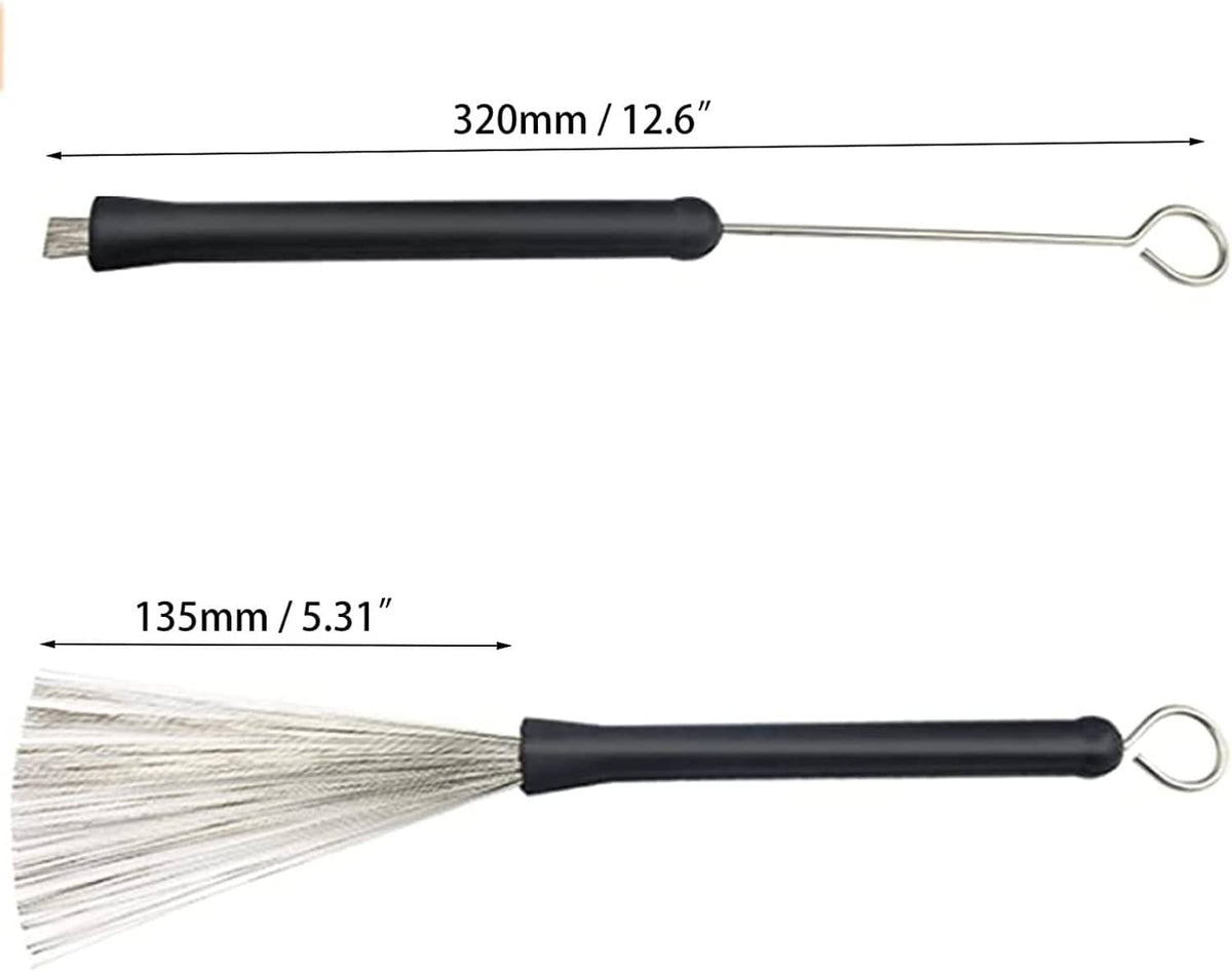 Drum wire brush sticks with black handles and silver wire bristle heads, with hanging loops