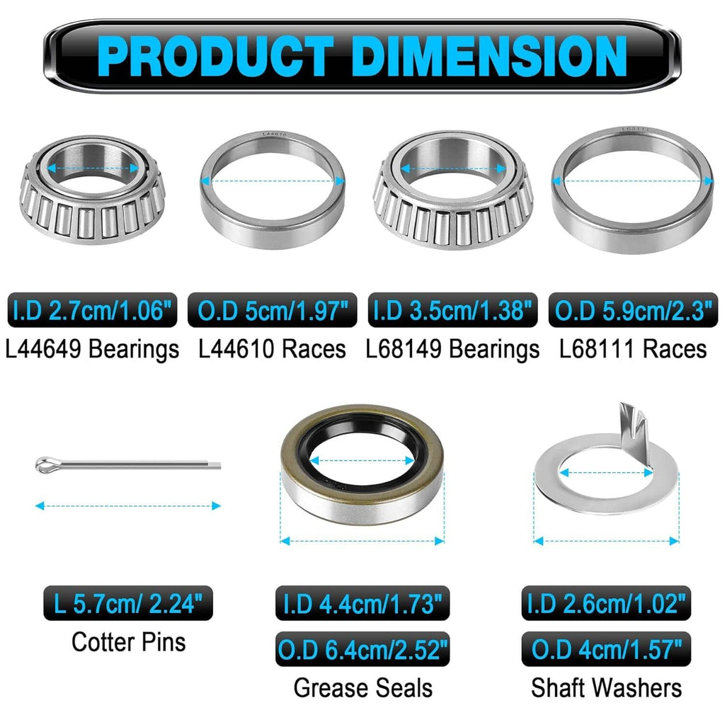 Trailer bearing kit seal set diagram with labeled bearing races and grease seal sizes