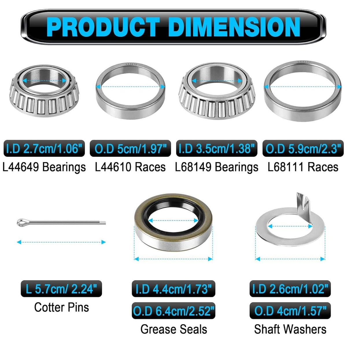 Trailer bearing kit seal set diagram with labeled bearing races and grease seal sizes