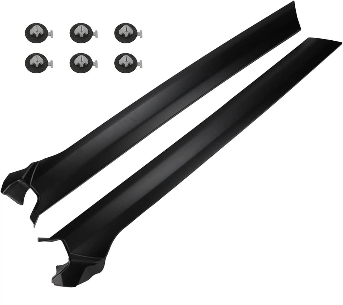 A-pillar windshield trim molding set, black bars with screw-in mounting clips