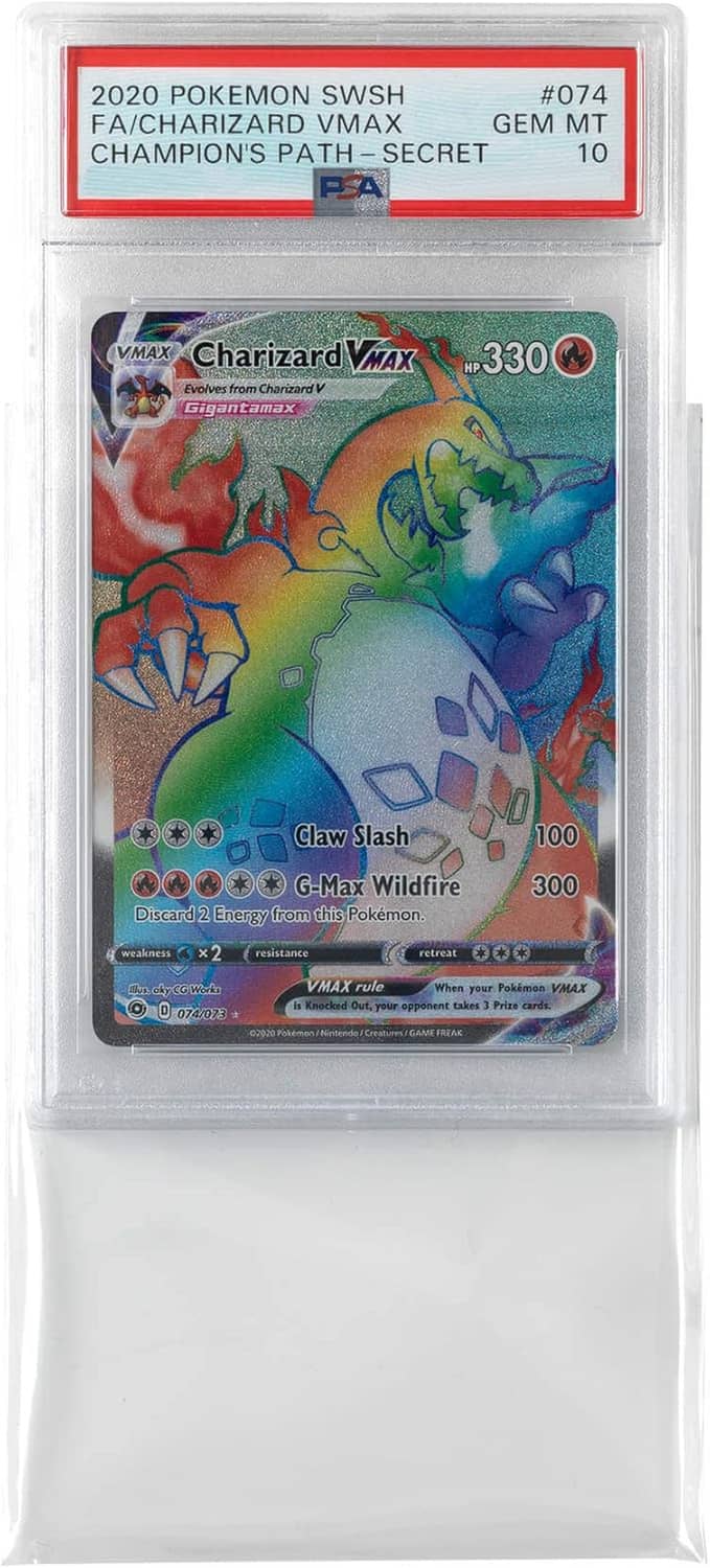 Charizard VMAX #074 trading card in clear protective sleeve, graded label visible