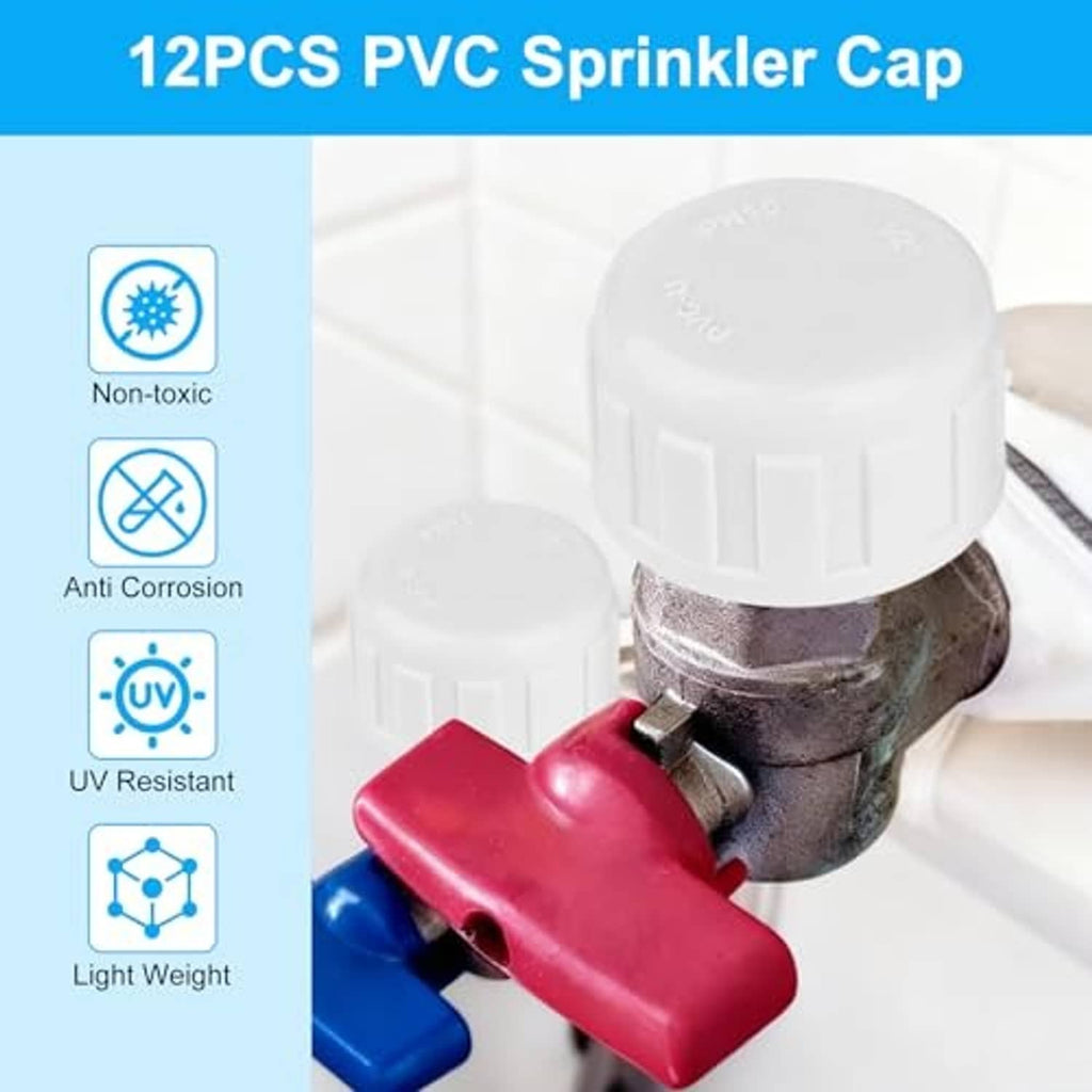 Twelve white PVC sprinkler end caps with female-thread openings for sealing